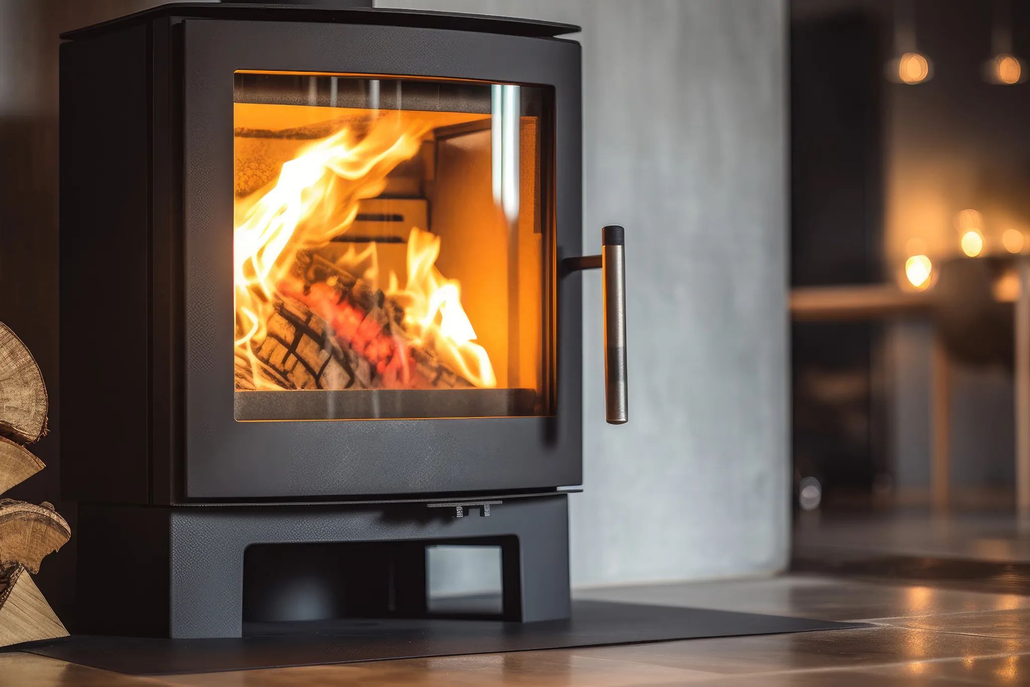 Kaminofen mit brennendem Feuer in einer modernen Wohnung